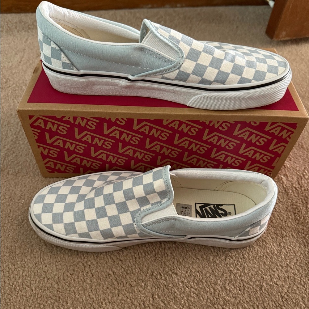 Vans Baby Blue and White Checkered Slip-On Sneakers